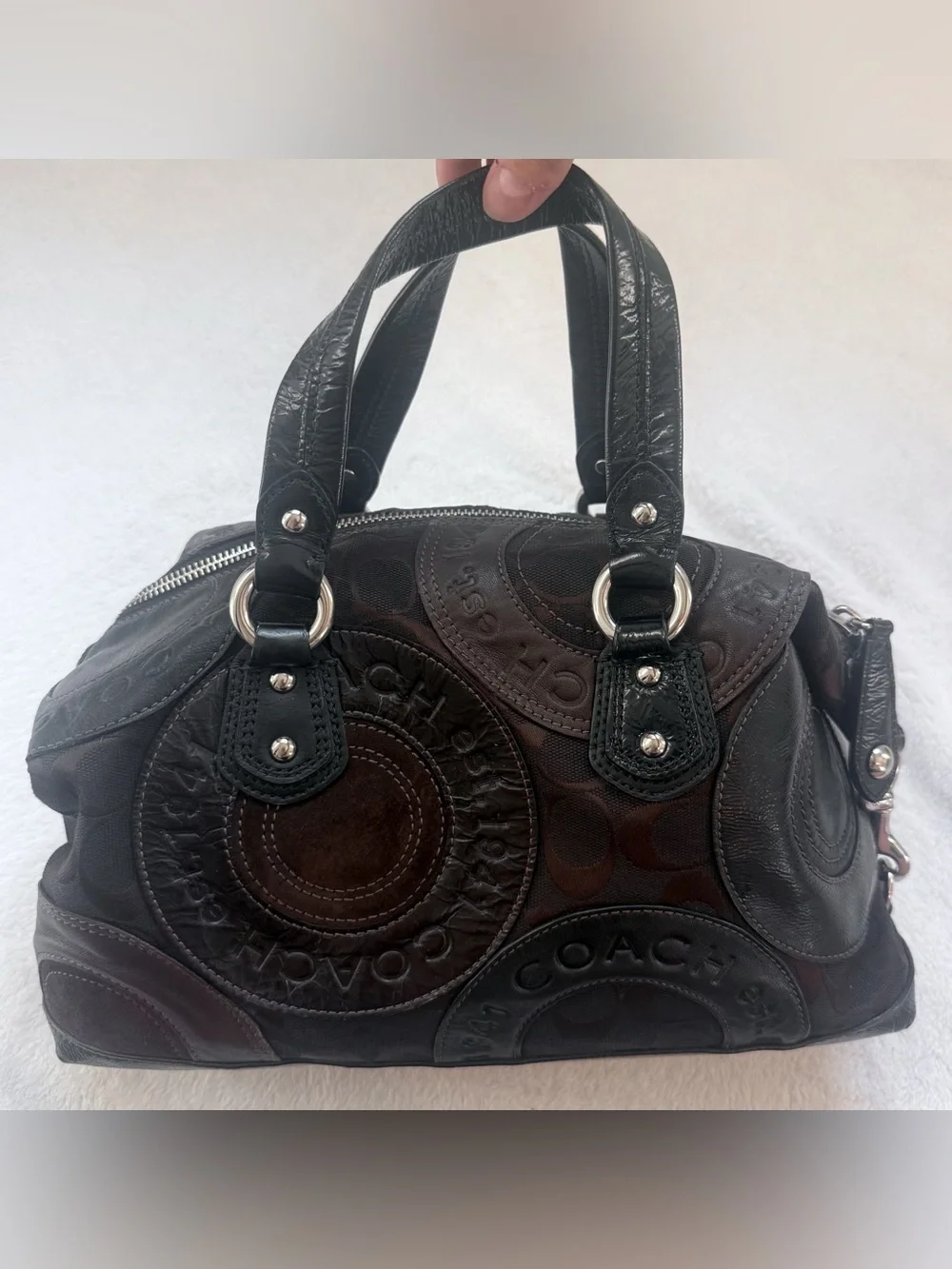 Coach 2010 Chocolate Brown Patchwork Mini Suede Patent Leather Duffel Purse EUC